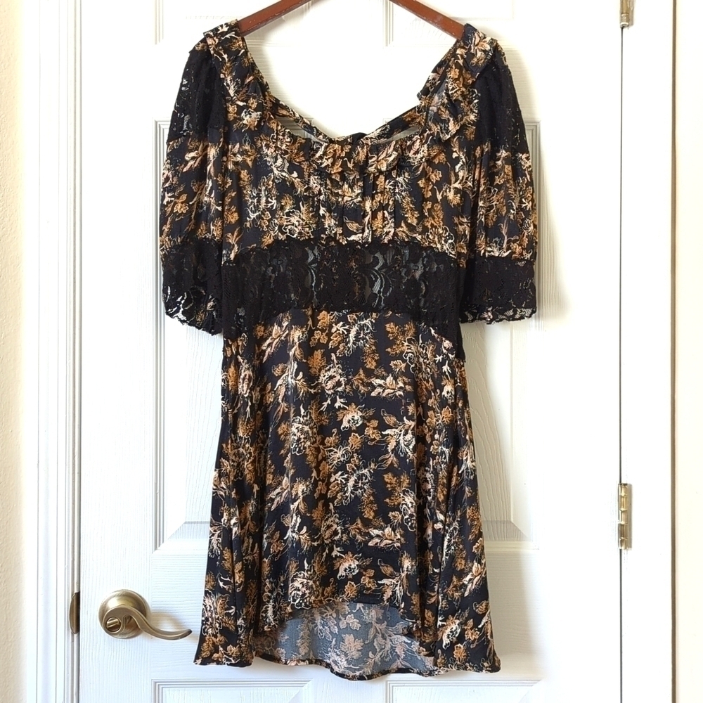 Free People Lucie Floral Scoop Neck Tied Open Back A-Line Mini Dress Black 6